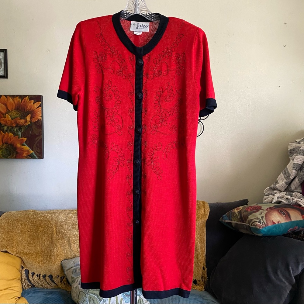 Vintage Miss JoAnne California Red Black Button Embroidery Knit Dress Size 10